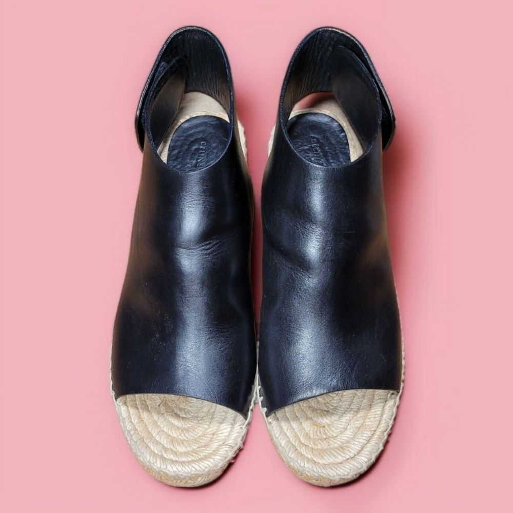 Celine Paris French Girl Crosta Fossil Black Leather Espadrille Wedge Sandals - Picture 5 of 9